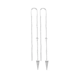 10K White Gold Round Diamond Pointed Triangle Dangle Threader Earrings 1/10 Cttw