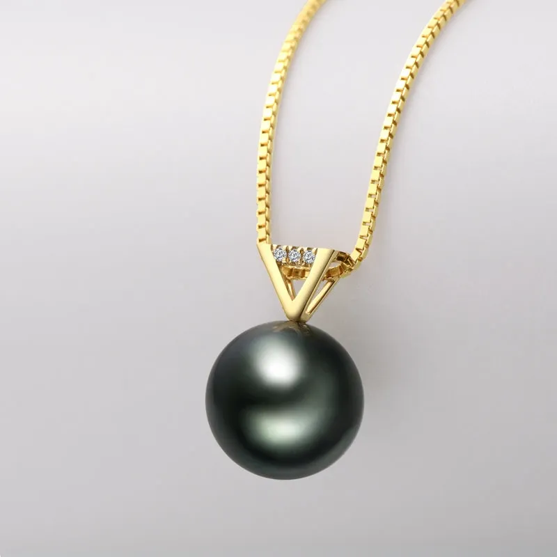 18k Gold Natural Cultured Tahitian Black Pearl Diamond Pendant Necklac with Silver Chain