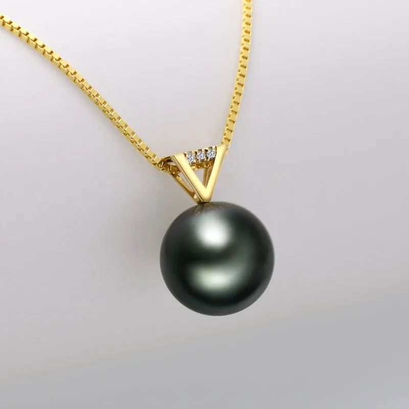 18k Gold Natural Cultured Tahitian Black Pearl Diamond Pendant Necklac with Silver Chain