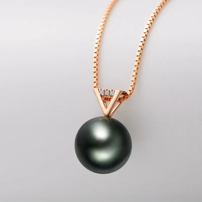 18k Gold Natural Cultured Tahitian Black Pearl Diamond Pendant Necklac with Silver Chain