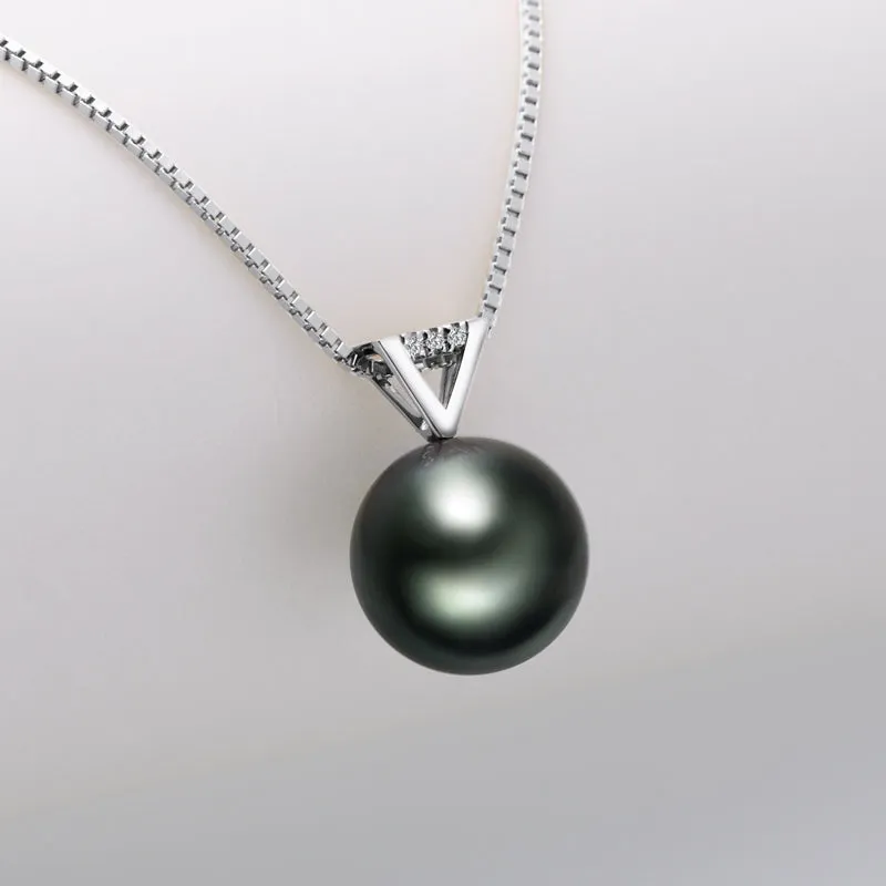 18k Gold Natural Cultured Tahitian Black Pearl Diamond Pendant Necklac with Silver Chain