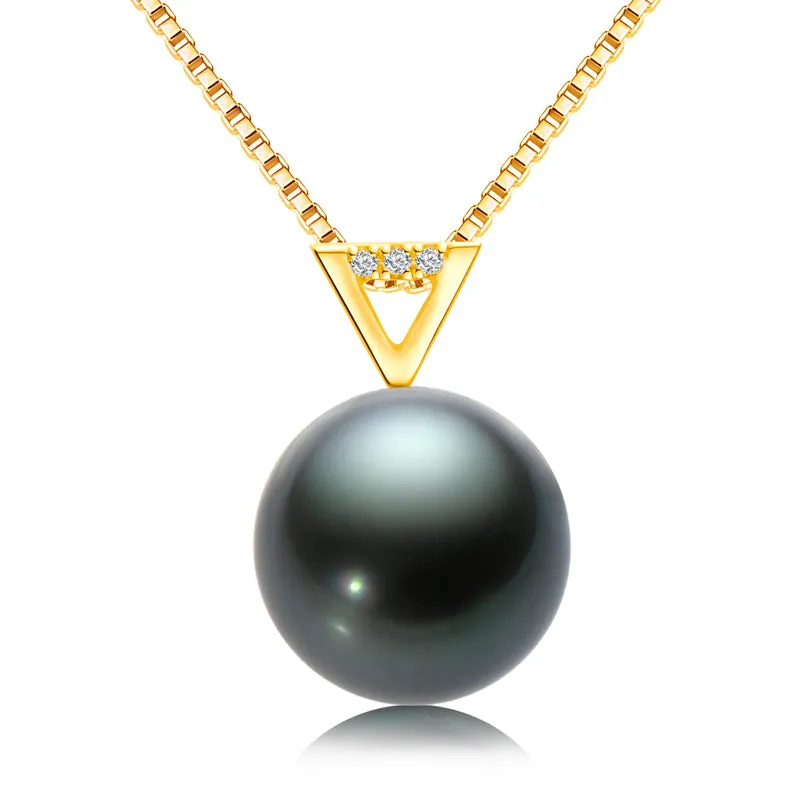 18k Gold Natural Cultured Tahitian Black Pearl Diamond Pendant Necklac with Silver Chain