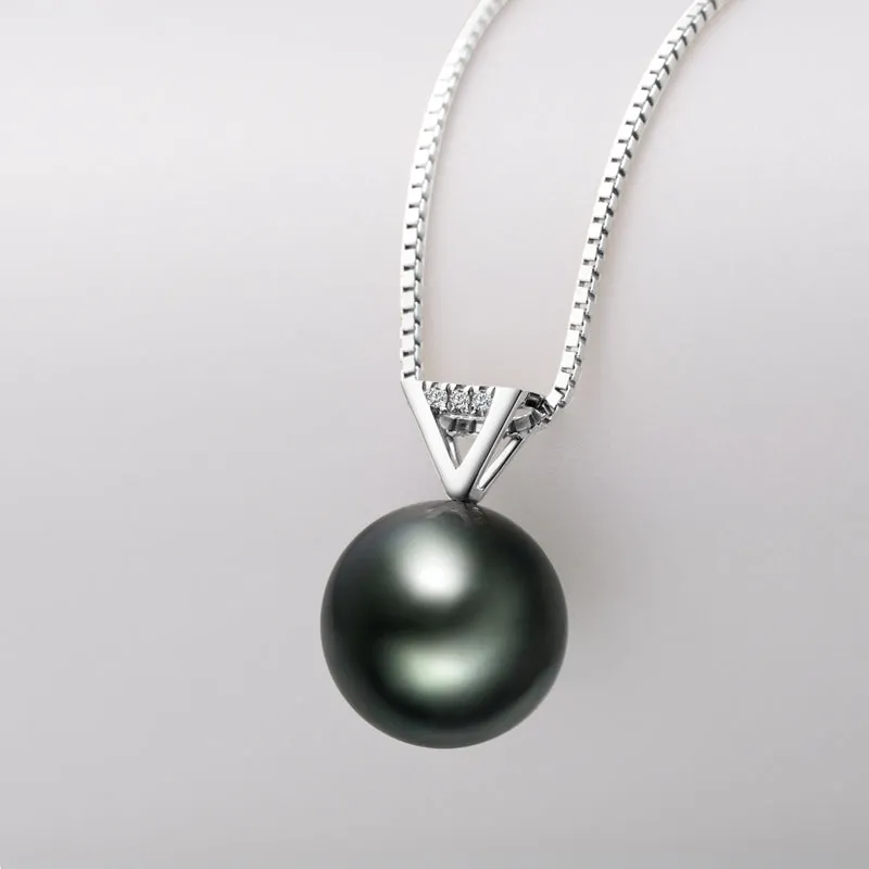 18k Gold Natural Cultured Tahitian Black Pearl Diamond Pendant Necklac with Silver Chain