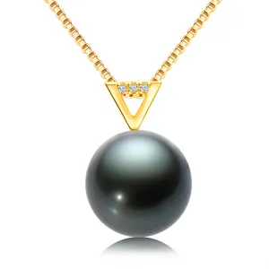18k Gold Natural Cultured Tahitian Black Pearl Diamond Pendant Necklac with Silver Chain