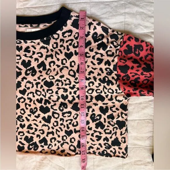 Beach Riot Pink &amp; Red Leopard Heart Print Cropped Ava Crewneck Sweatshirt- Large