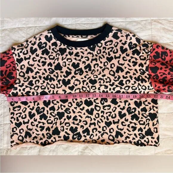 Beach Riot Pink &amp; Red Leopard Heart Print Cropped Ava Crewneck Sweatshirt- Large