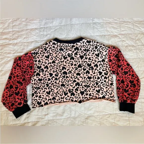 Beach Riot Pink &amp; Red Leopard Heart Print Cropped Ava Crewneck Sweatshirt- Large
