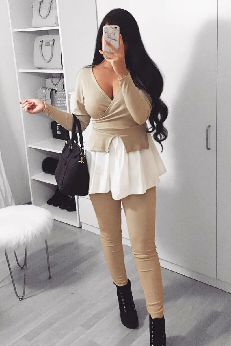 Beige Plunge Shirt Insert Top Legging Co-ord - Destine
