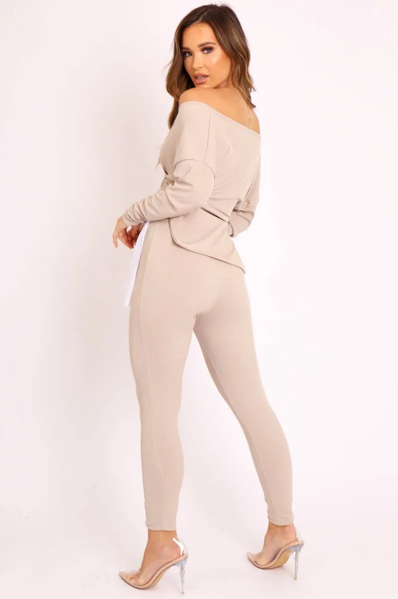 Beige Plunge Shirt Insert Top Legging Co-ord - Destine
