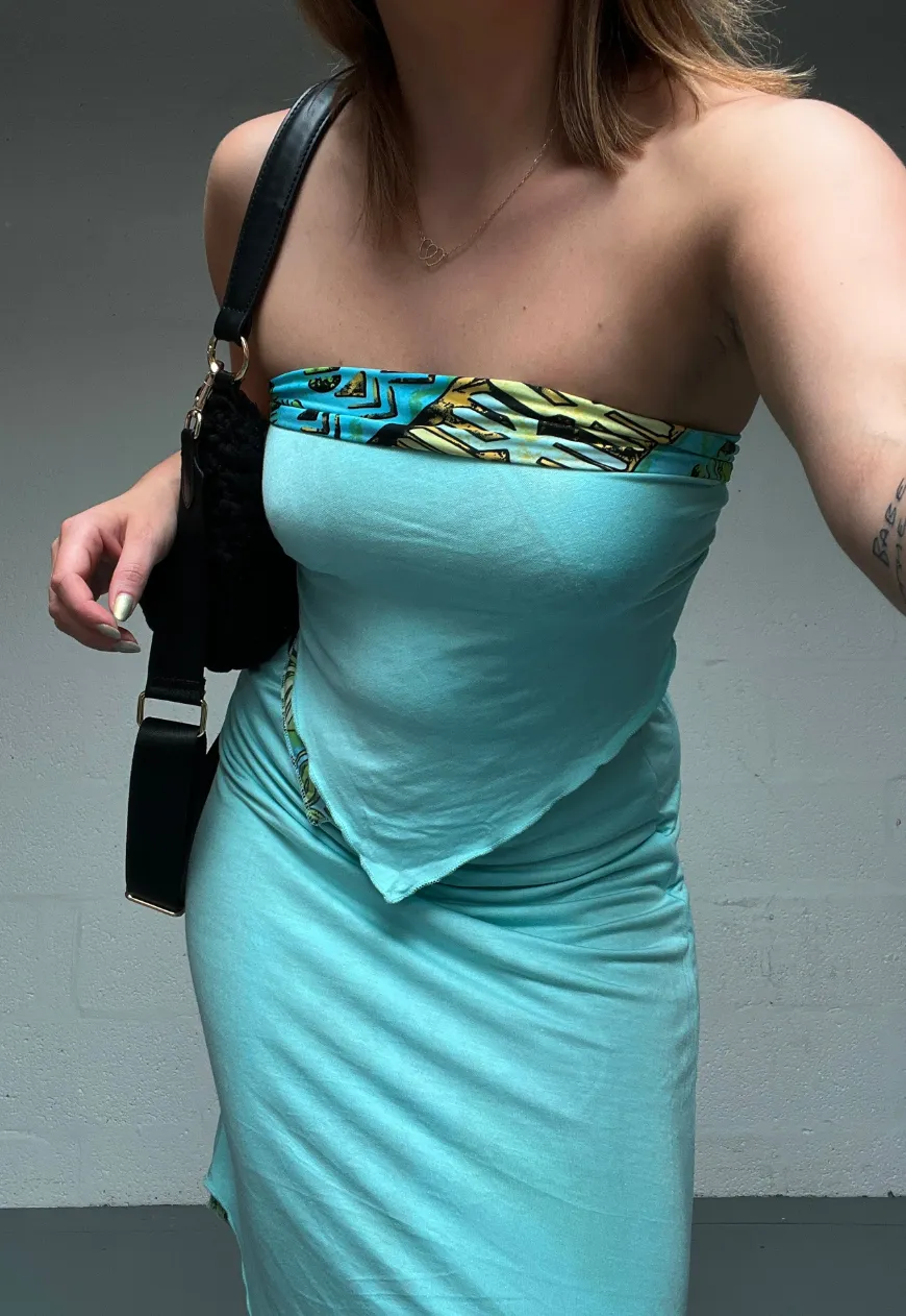 BLUE MOSAIC/ AQUA REVERSIBLE POINTED HEM SKIRT