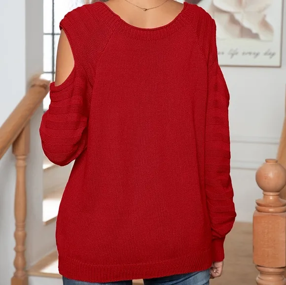 Buttoned Elegance Cold Shoulder Sweater - Red
