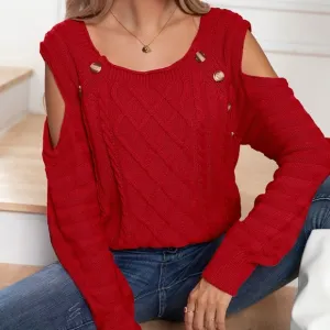 Buttoned Elegance Cold Shoulder Sweater - Red