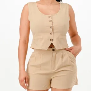 Casual Cropped Vest And Short Set