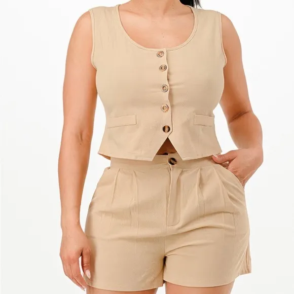 Casual Cropped Vest And Short Set