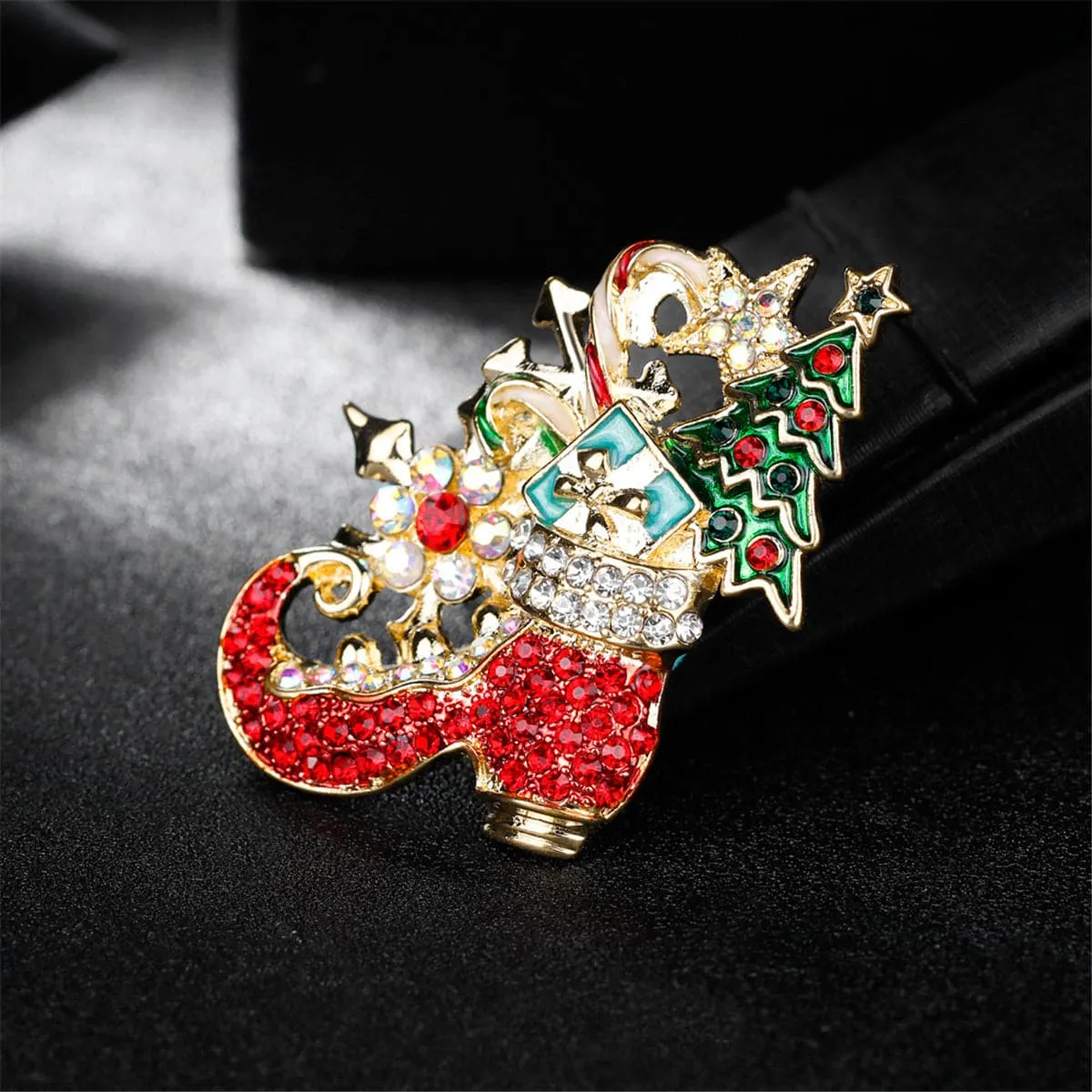 Cubic Zirconia & 18K Gold-Plated Boots & Christmas Tree Brooch