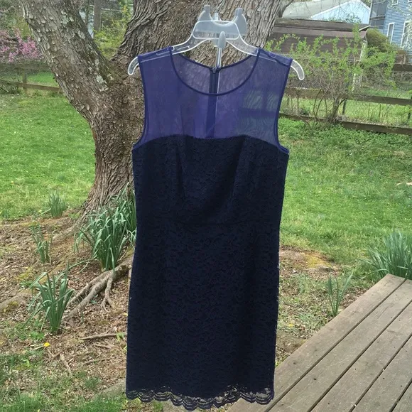 DVF navy blue lace Nisha dress with sheer navy top.