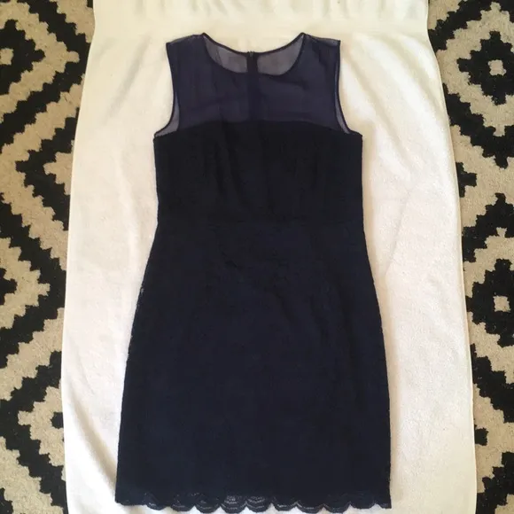 DVF navy blue lace Nisha dress with sheer navy top.