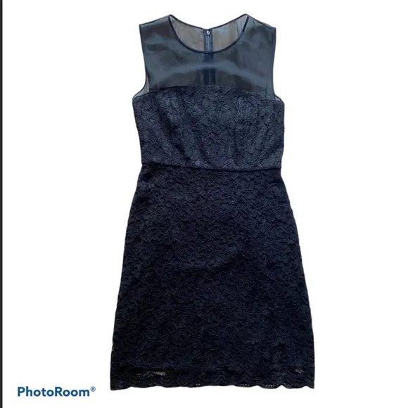 DVF navy blue lace Nisha dress with sheer navy top.