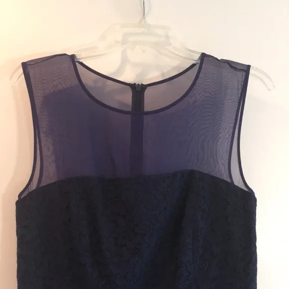 DVF navy blue lace Nisha dress with sheer navy top.