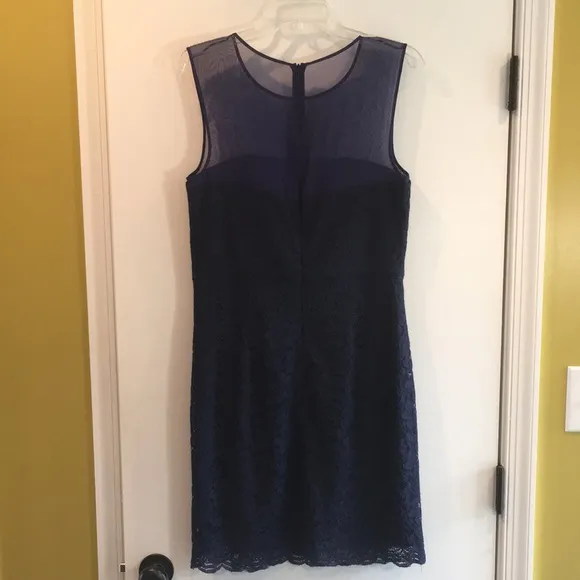 DVF navy blue lace Nisha dress with sheer navy top.
