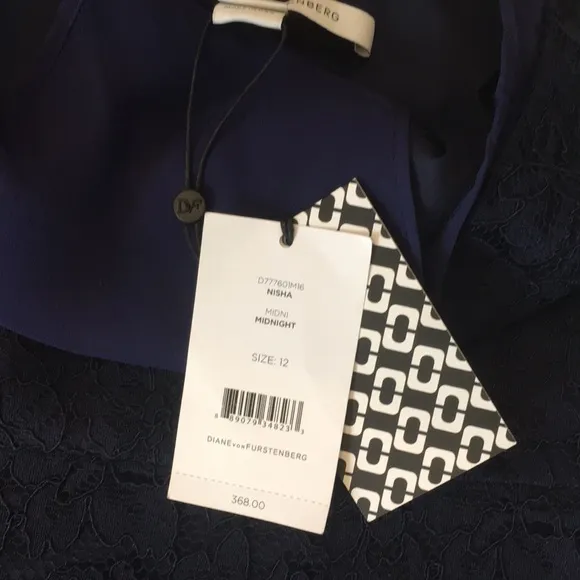 DVF navy blue lace Nisha dress with sheer navy top.