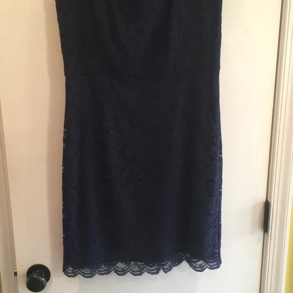 DVF navy blue lace Nisha dress with sheer navy top.