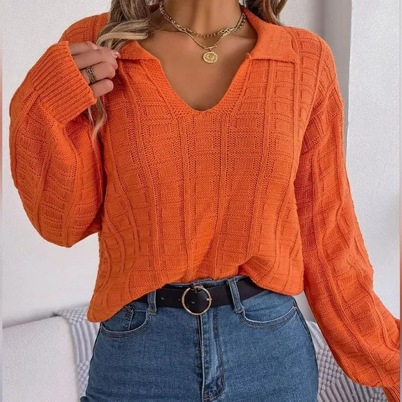 Effortless Textured Collared Sweater - Orange