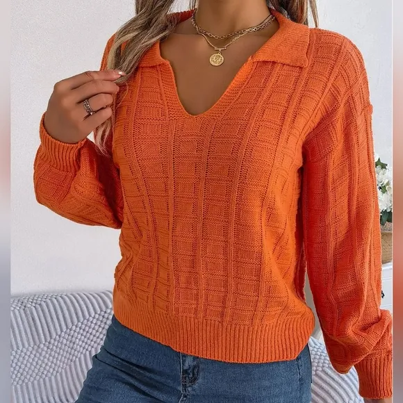 Effortless Textured Collared Sweater - Orange