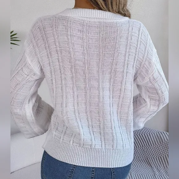 Effortless Textured Collared Sweater - White