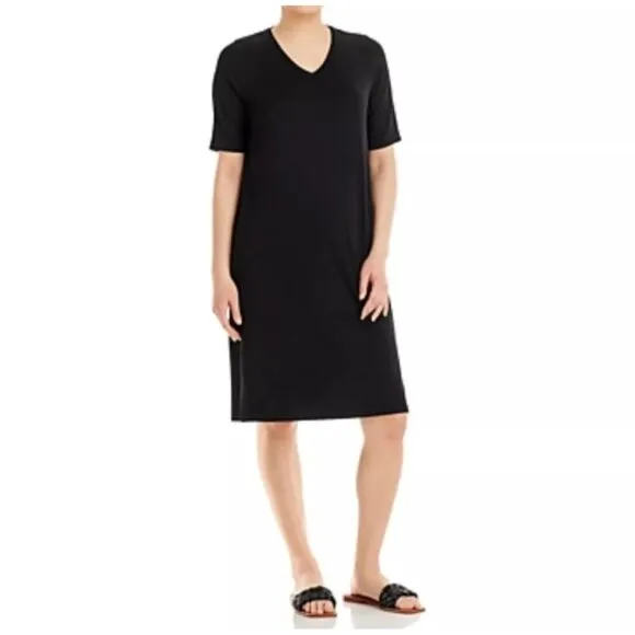 Eileen Fisher Black Jersey Knit T-Shirt Dress Size M Short Sleeve V-Neck Comfy