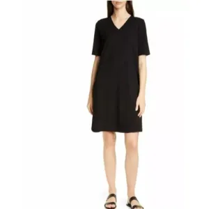 Eileen Fisher Black Jersey Knit T-Shirt Dress Size M Short Sleeve V-Neck Comfy