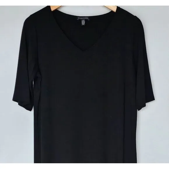 Eileen Fisher Black Jersey Knit T-Shirt Dress Size M Short Sleeve V-Neck Comfy