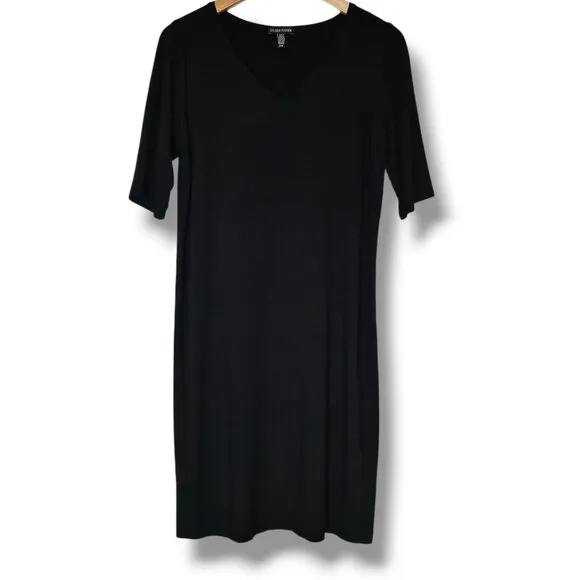 Eileen Fisher Black Jersey Knit T-Shirt Dress Size M Short Sleeve V-Neck Comfy