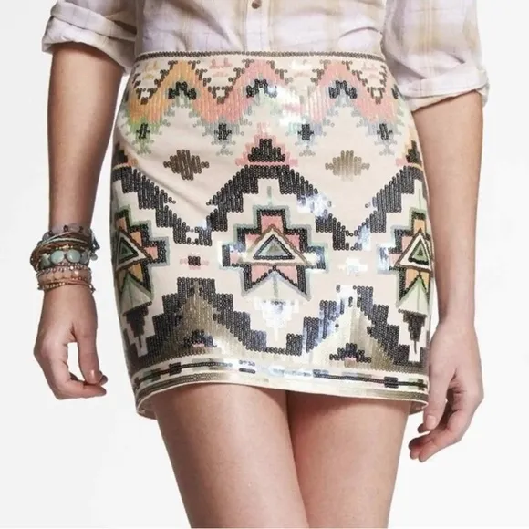 Express Holo Sequin Art Deco Western Festival Stretchy Pull On Mini Skirt S NWT