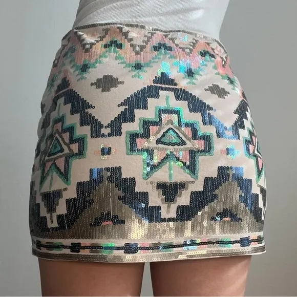 Express Holo Sequin Art Deco Western Festival Stretchy Pull On Mini Skirt S NWT