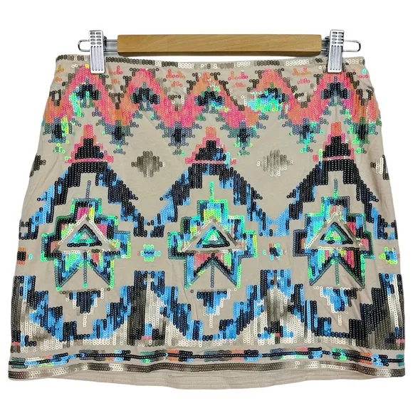 Express Holo Sequin Art Deco Western Festival Stretchy Pull On Mini Skirt S NWT