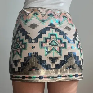 Express Holo Sequin Art Deco Western Festival Stretchy Pull On Mini Skirt S NWT