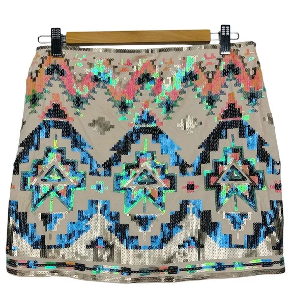 Express Holo Sequin Art Deco Western Festival Stretchy Pull On Mini Skirt S NWT
