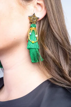 Fashion Green Rice Beads Braided Five-pointed Star Tassel Christmas Earrings