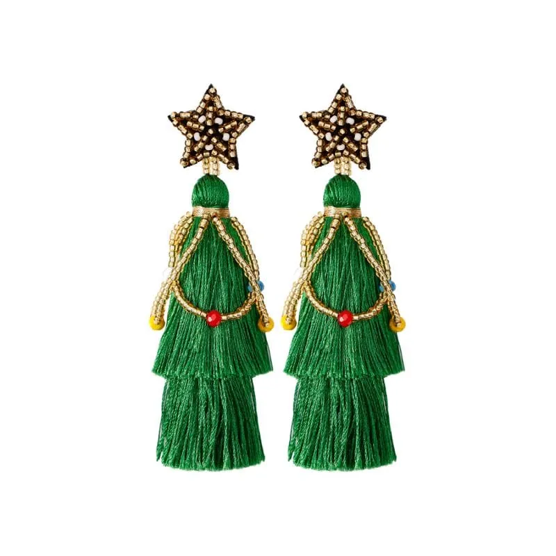 Fashion Green Rice Beads Braided Five-pointed Star Tassel Christmas Earrings