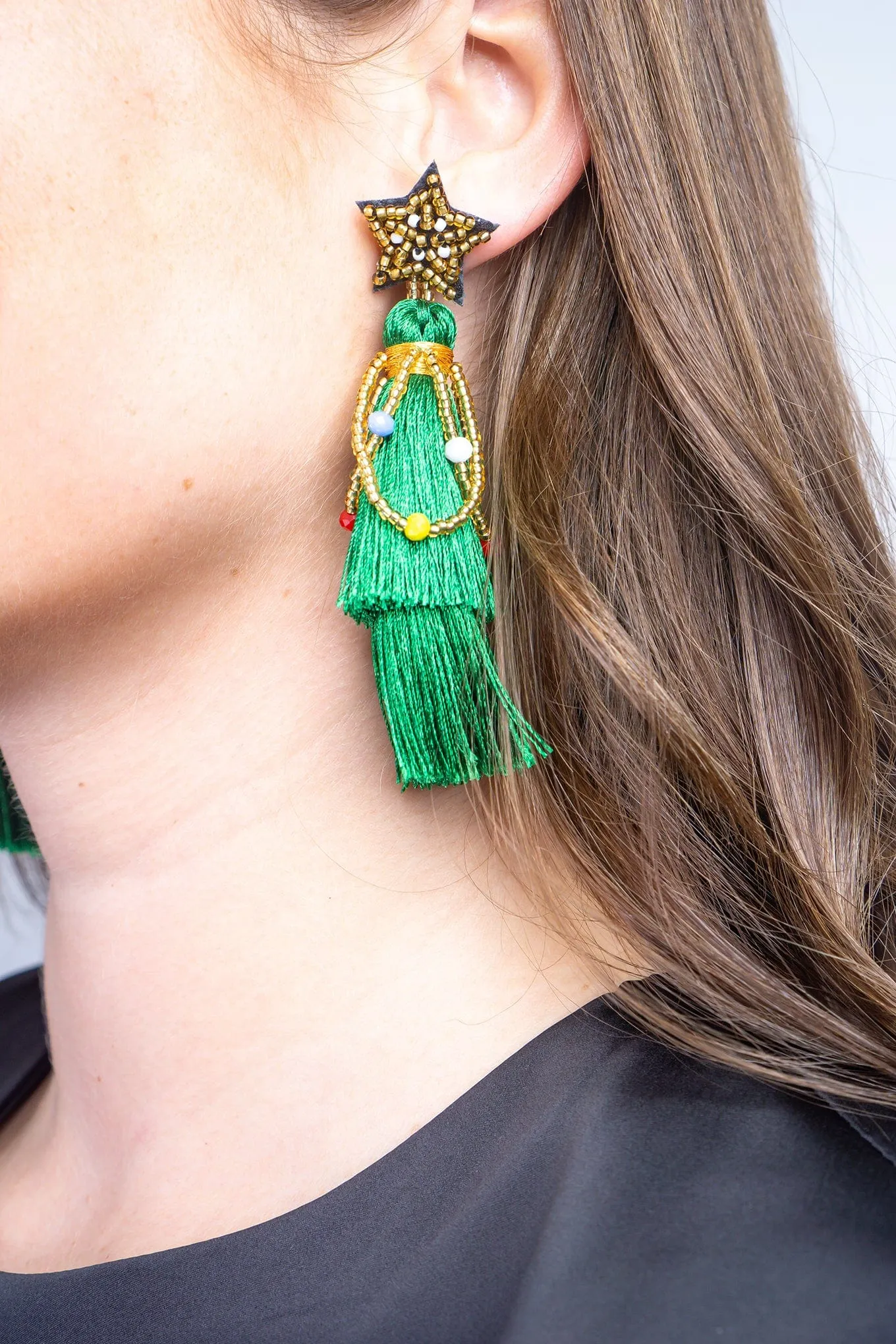 Fashion Green Rice Beads Braided Five-pointed Star Tassel Christmas Earrings