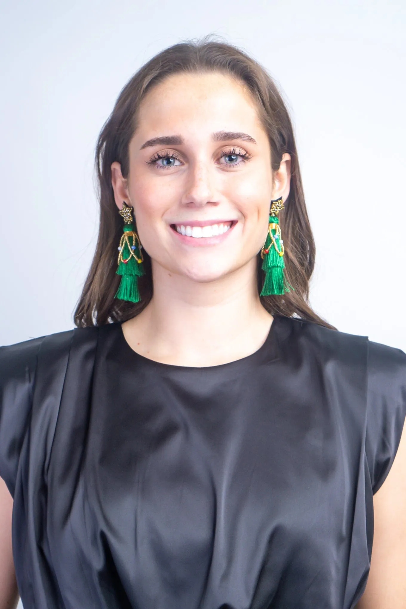 Fashion Green Rice Beads Braided Five-pointed Star Tassel Christmas Earrings