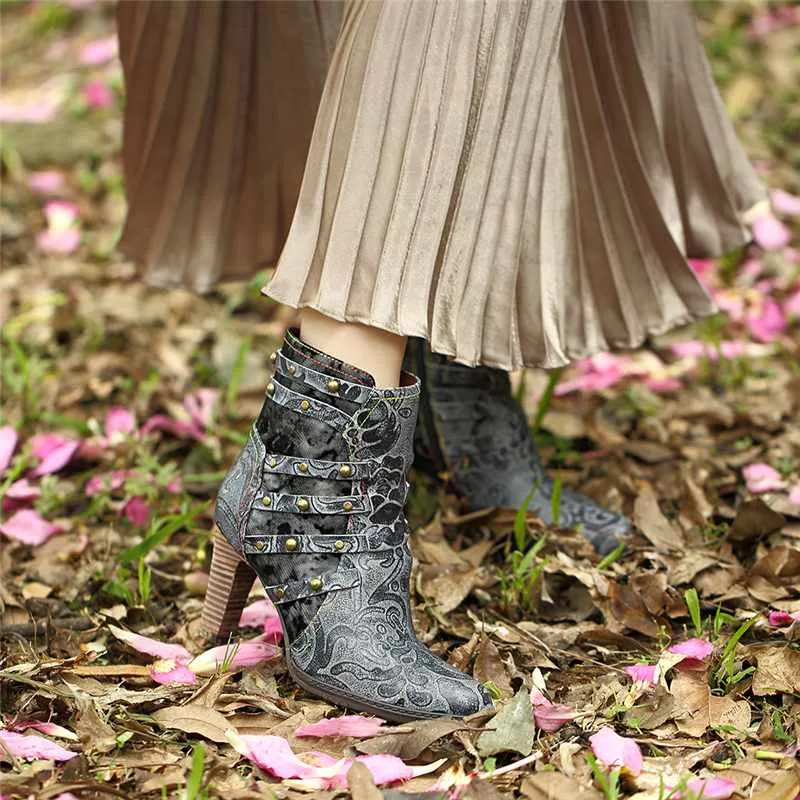 Fashion Rivet High Heel Ankle Boots For Women Shoes Woman Pointed Toe Zipper Splicing Genuine Leather Winter Boots Mujer