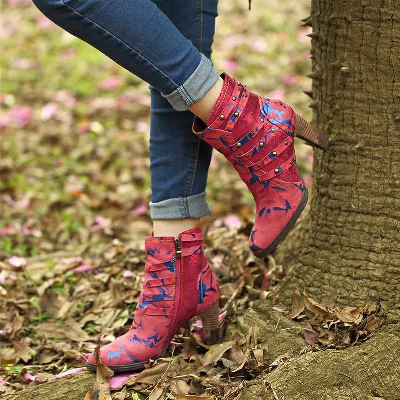 Fashion Rivet High Heel Ankle Boots For Women Shoes Woman Pointed Toe Zipper Splicing Genuine Leather Winter Boots Mujer