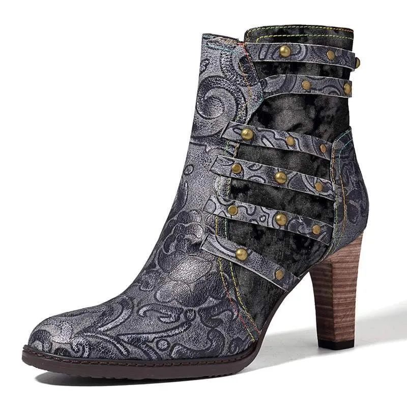 Fashion Rivet High Heel Ankle Boots For Women Shoes Woman Pointed Toe Zipper Splicing Genuine Leather Winter Boots Mujer