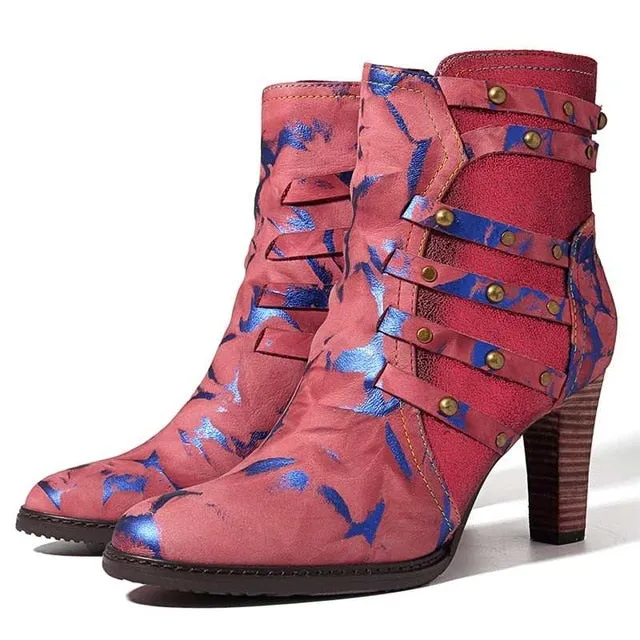 Fashion Rivet High Heel Ankle Boots For Women Shoes Woman Pointed Toe Zipper Splicing Genuine Leather Winter Boots Mujer