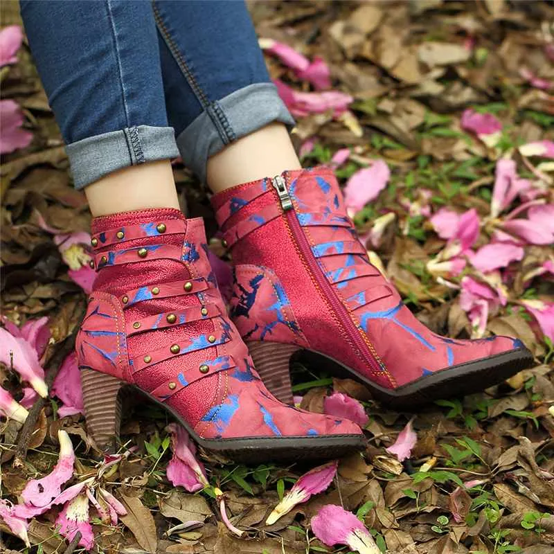Fashion Rivet High Heel Ankle Boots For Women Shoes Woman Pointed Toe Zipper Splicing Genuine Leather Winter Boots Mujer