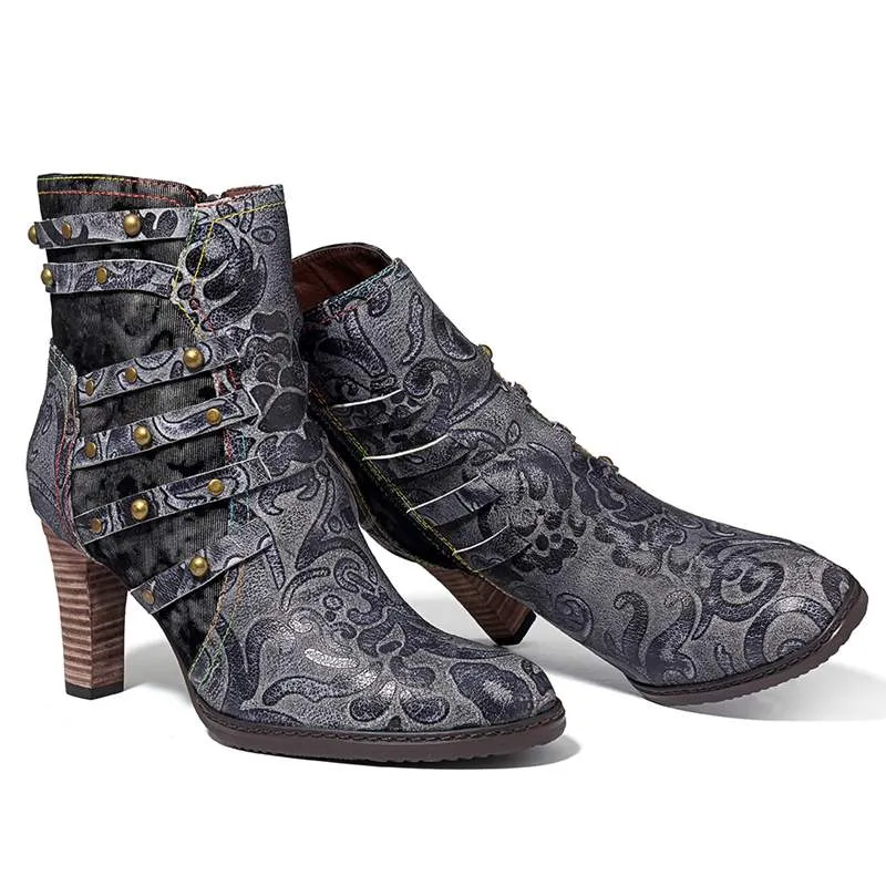 Fashion Rivet High Heel Ankle Boots For Women Shoes Woman Pointed Toe Zipper Splicing Genuine Leather Winter Boots Mujer