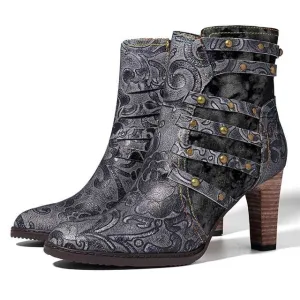 Fashion Rivet High Heel Ankle Boots For Women Shoes Woman Pointed Toe Zipper Splicing Genuine Leather Winter Boots Mujer