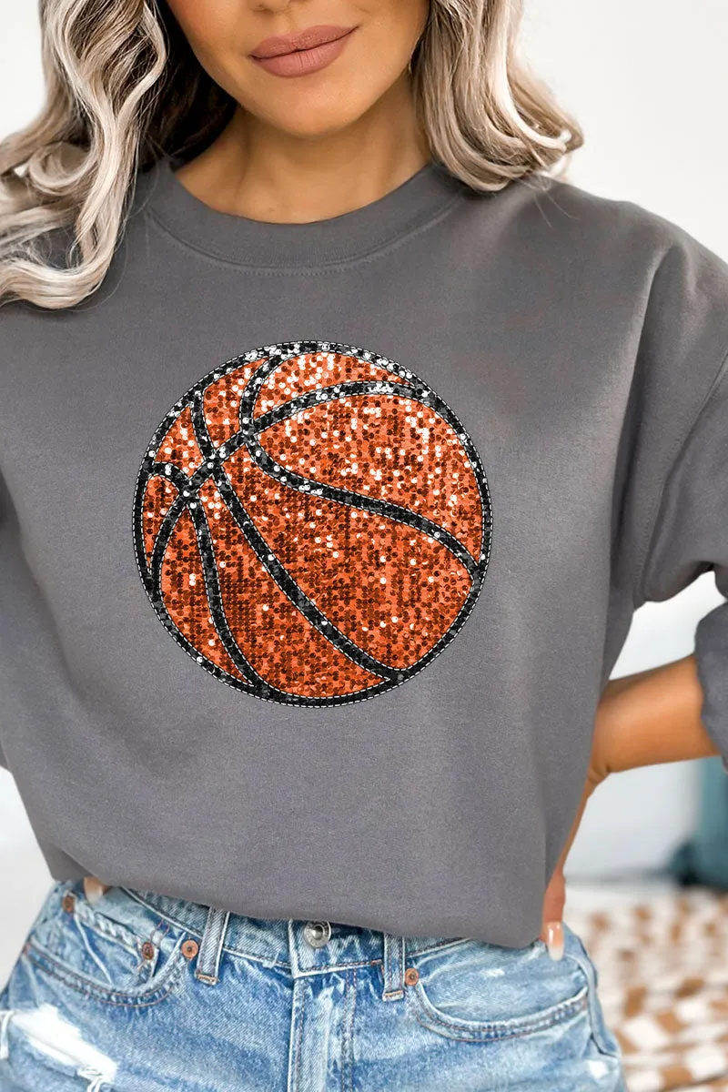 Faux Sequin Basketball Transfer Heavy-weight Crew Sweatshirt